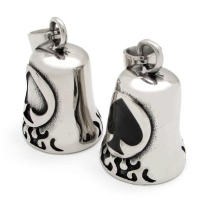 Stainless Steel Biker Spade Gremlin Bell with playing cards on two silver bells.