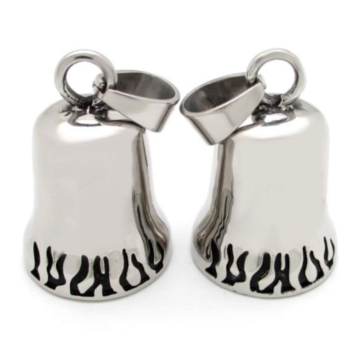 Two Stainless Steel Biker Spade Gremlin Bells with designs on them for biker protection.