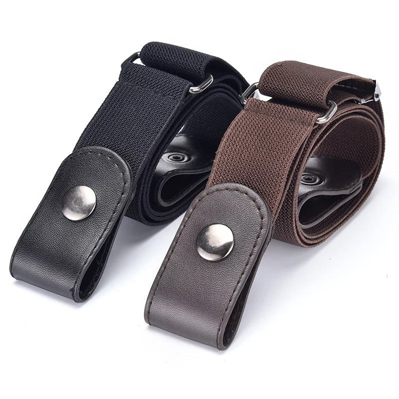 Two lightweight, buckle-free elastic belts, one black and one brown, with leather tips and metallic snaps are elegantly arranged on a white background. These belts, fitting waist sizes 33.5 - 49 inches, offer style and comfort in simplicity.