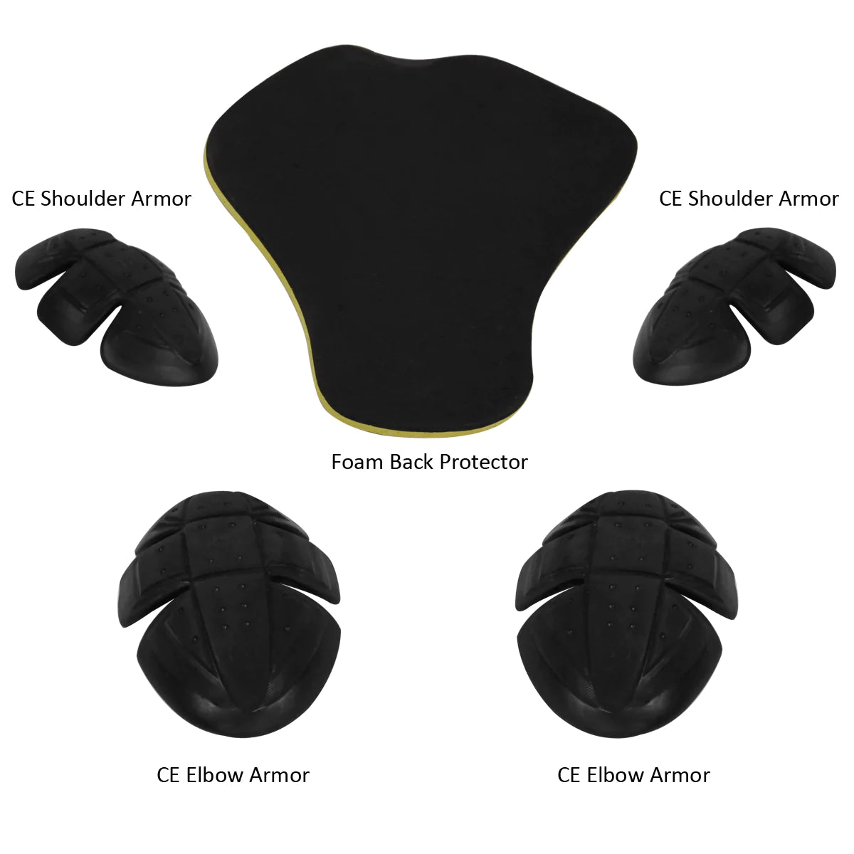 Image displaying motorcycle protective gear: a Vance leather riding shirt with waterproof zippers, equipped with optional CE approved armor including two CE shoulder armors, a foam back protector, and two CE elbow armors, all arranged on a white background.
