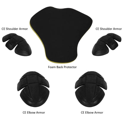 Image displaying motorcycle protective gear: a Vance leather riding shirt with waterproof zippers, equipped with optional CE approved armor including two CE shoulder armors, a foam back protector, and two CE elbow armors, all arranged on a white background.