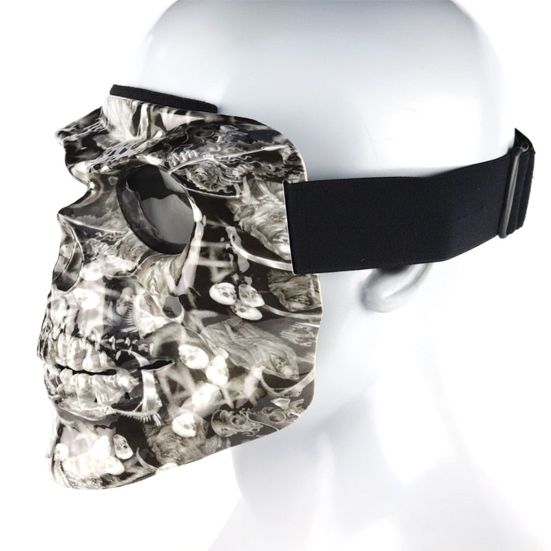 A mannequin head wearing the Skull Face Mask with Detachable Goggles.
