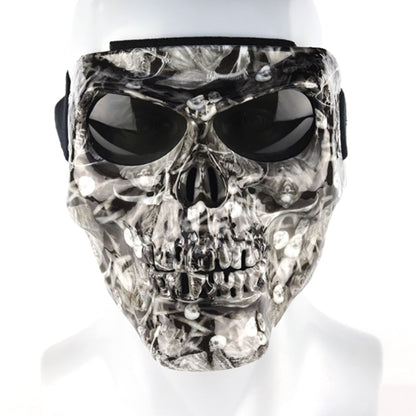 Skull Face Mask with Detachable Goggles on a mannequin head.