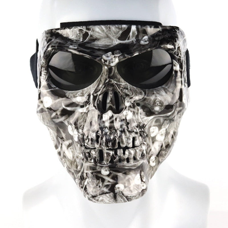 Skull Face Mask with Detachable Goggles on a mannequin head.
