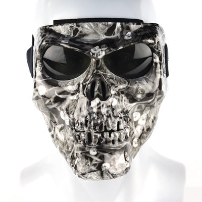 Skull Face Mask with Detachable Goggles on a mannequin head.