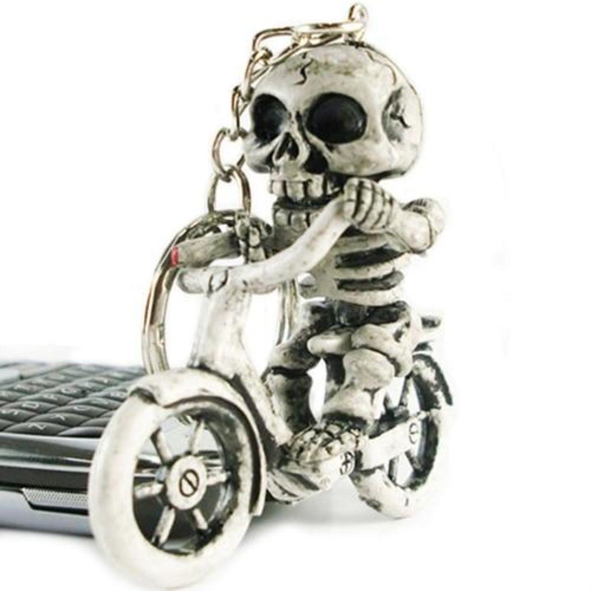 Skeleton on Motorcycle Keychain, Rubber, Stainless Steel Chain, White - American Legend Rider