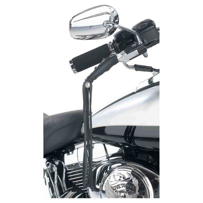 A close up of a Daniel Smart Leather Motorcycle Lever Cover wrapped around a motorcycle handlebar.
