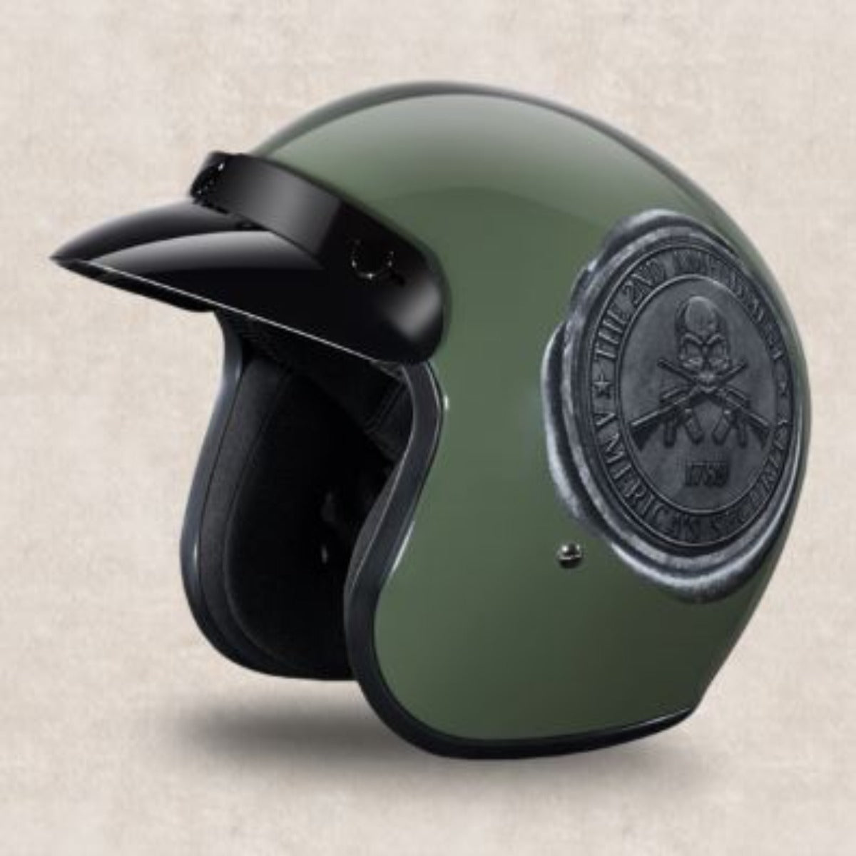 Daytona DOT 3/4 open face cruiser motorcycle helmet in gloss army green with 2nd Amendment seal graphic and black snap on visor