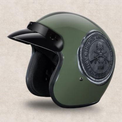 Daytona DOT 3/4 open face cruiser motorcycle helmet in gloss army green with 2nd Amendment seal graphic and black snap on visor