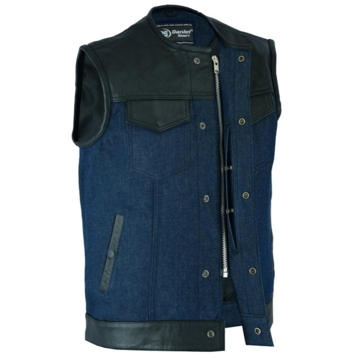 Daniel Smart Men’s Leather/Denim Combo Vest (Black/Broken Blue) - American Legend Rider