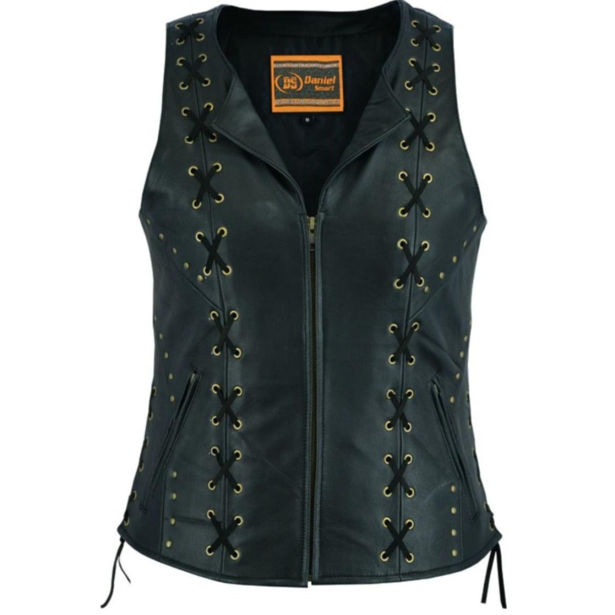 Daniel Smart Women's Zippered Leather Vest w/ Lacing Details, Black - American Legend Rider