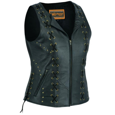 Daniel Smart Women's Zippered Leather Vest w/ Lacing Details, Black - American Legend Rider