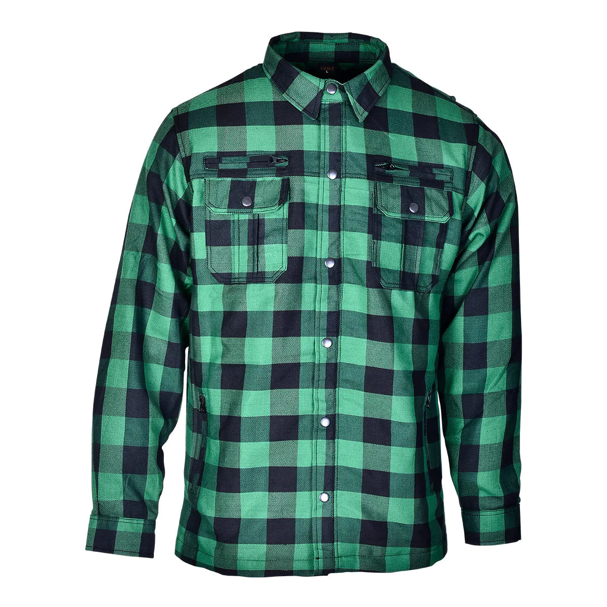 A Vance Leather Riding Shirt with Waterproof Zippers and Optional C.E. Armor, featuring a green and black plaid pattern made from cotton flannel, buttons down the front, and two chest pockets.