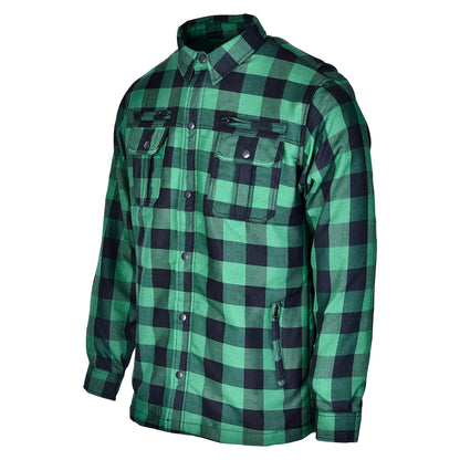 A Vance Leather riding shirt featuring a cotton flannel green and black checkered design, buttoned chest pockets, long sleeves, waterproof zippers, and optional C.E. armor.