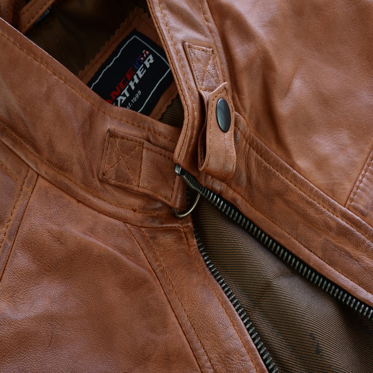 A close up of the Vance Cafe Racer Austin Brown Leather Jacket.