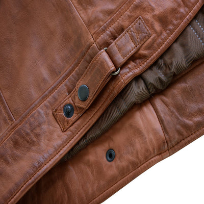 A close up of the Vance Cafe Racer Austin Brown Leather Jacket made from Lambskin Leather.