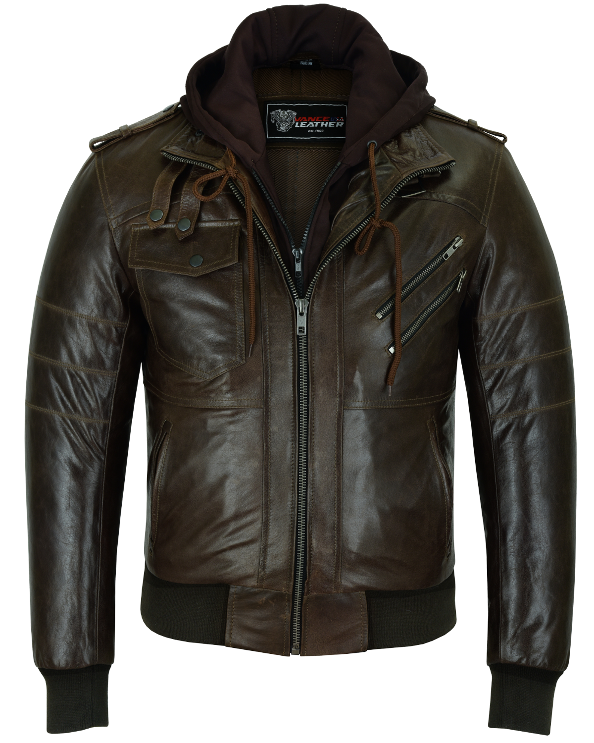 Vance Leather Men's Vincent Brown Waxed Premium Cowhide Motorcycle Leather Jacket w/Removeable Hoodie