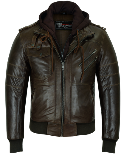 Vance Leather Men's Vincent Brown Waxed Premium Cowhide Motorcycle Leather Jacket w/Removeable Hoodie