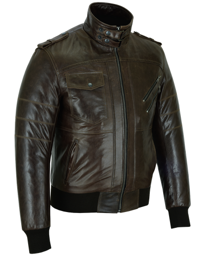 Vance Leather Men's Vincent Brown Waxed Premium Cowhide Motorcycle Leather Jacket w/Removeable Hoodie