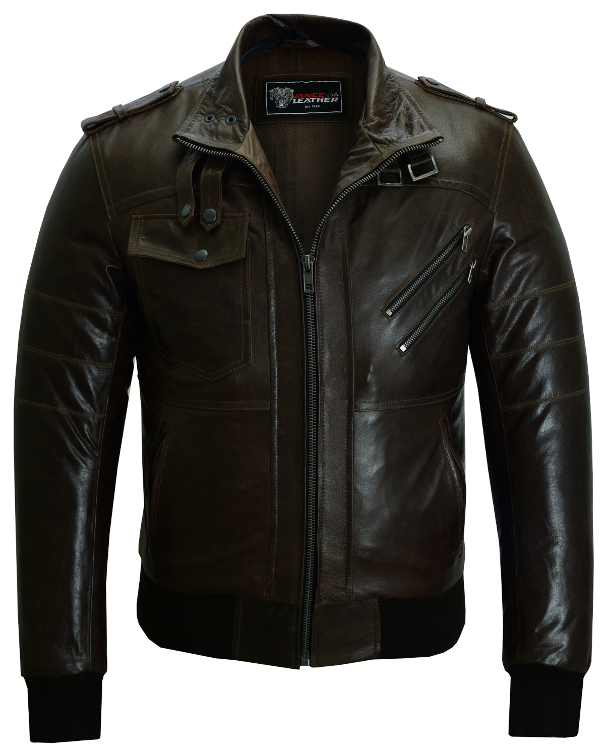 Vance Leather Men's Vincent Brown Waxed Premium Cowhide Motorcycle Leather Jacket w/Removeable Hoodie