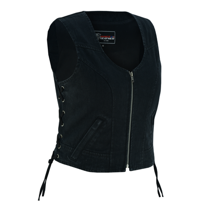 Vance Leather Women's Denim V-Neck Vest w/Zipper & Side Laces