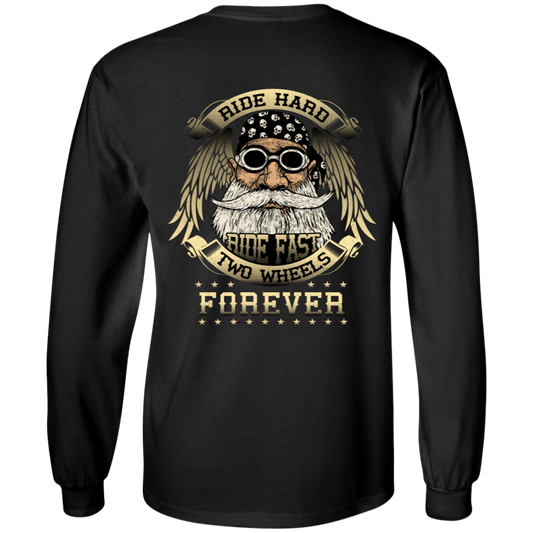 Introducing the Two Wheels Forever Long Sleeves: a black, 100% cotton shirt featuring a vibrant digital print of a biker-themed design. The design showcases a bearded man wearing goggles with wings, accompanied by the text: "Ride Hard, Ride Fast, Two Wheels Forever." Ideal for both men and women with unisex sizing.
