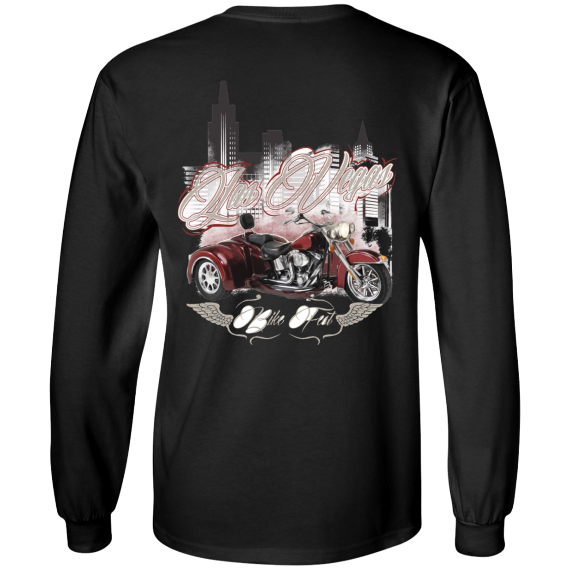 Las Vegas Bike Fest Long Sleeves: This black long-sleeve shirt showcases a red motorcycle with "Las Vegas" and "Ride the Wind" text against a cityscape background. Crafted from premium cotton, it provides unisex sizing to ensure a comfortable fit for everyone.
