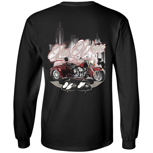 Las Vegas Bike Fest Long Sleeves: This black long-sleeve shirt showcases a red motorcycle with "Las Vegas" and "Ride the Wind" text against a cityscape background. Crafted from premium cotton, it provides unisex sizing to ensure a comfortable fit for everyone.