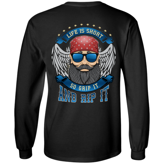 The Men's Life Is Short So Grip It And Rip It Long Sleeves is a black shirt featuring a digital print graphic of a bearded man in sunglasses and a red bandana, along with the text "Life is short so grip it and rip it" adorned with wings and stars. Crafted from 100% cotton, this unisex shirt ensures a comfortable fit.