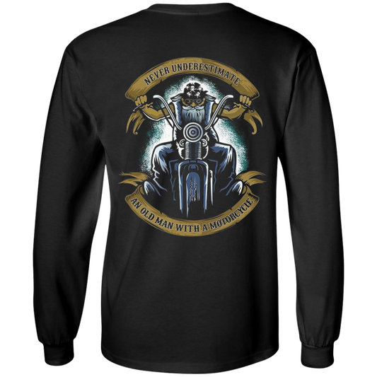 A unisex black Old Biker Long Sleeves with a digital print of a motorcycle.