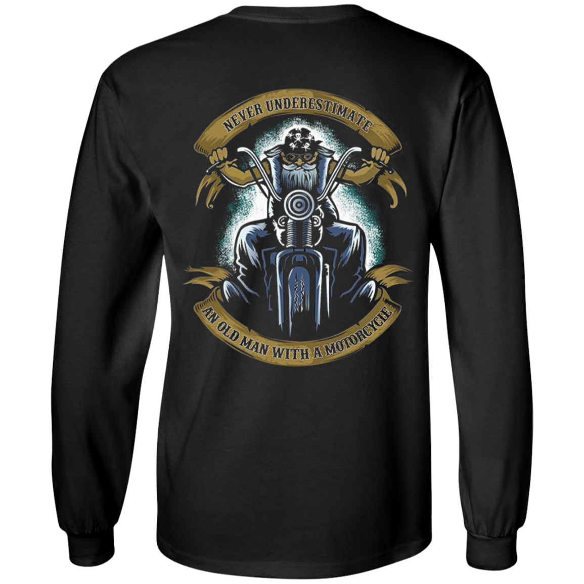 A unisex black Old Biker Long Sleeves with a digital print of a motorcycle.