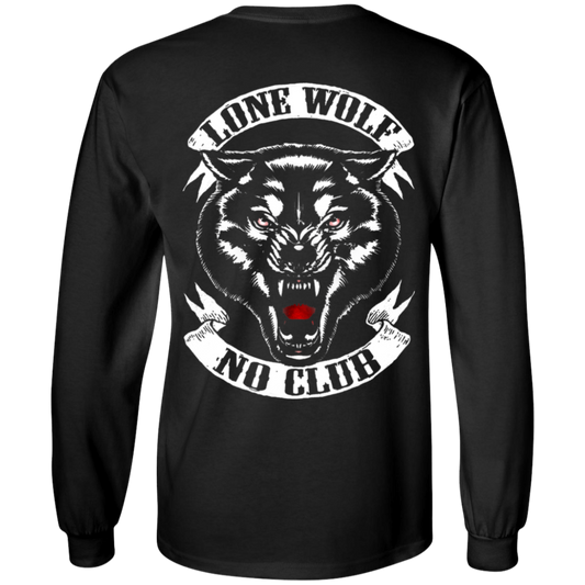 The Lone Wolf, No Club Long Sleeve T-Shirt in black features a graphic of a snarling wolf and the text "Lone Wolf No Club" displayed on the back. Made from 100% cotton and offering unisex sizing, this shirt ensures both comfort and style.