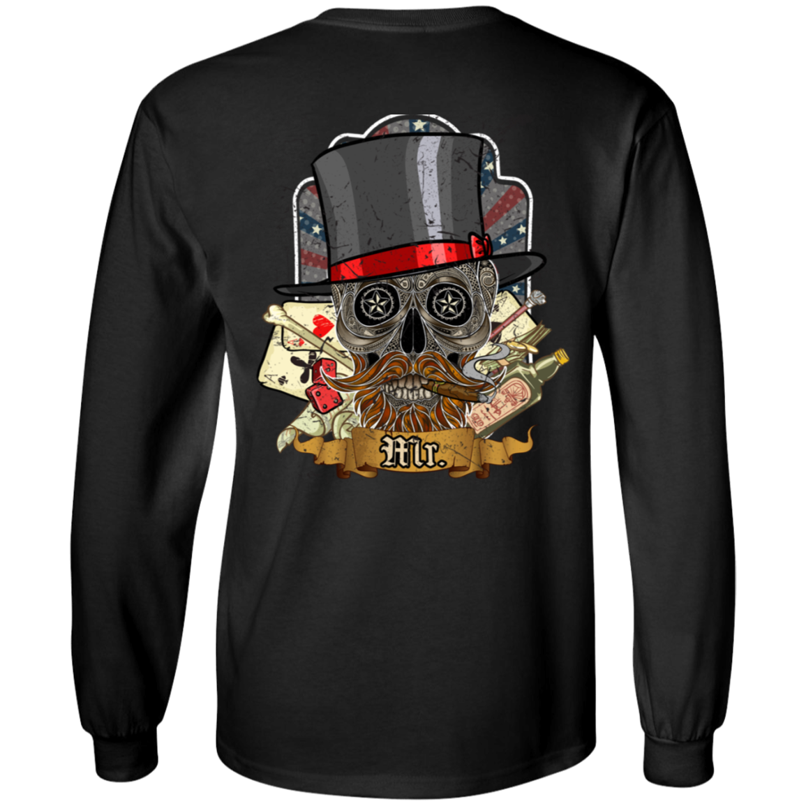 Poker Skull in a Hat Long Sleeve T-Shirt, Cotton, Black