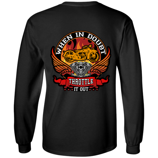 The Throttle it Out Long Sleeves is a black unisex t-shirt with long sleeves, featuring a vibrant digital print on the back. The design showcases a motorcycle with flame decals and the bold text "WHEN IN DOUBT, THROTTLE IT OUT" in striking red and orange hues. Crafted from 100% cotton, this t-shirt ensures ultimate comfort.