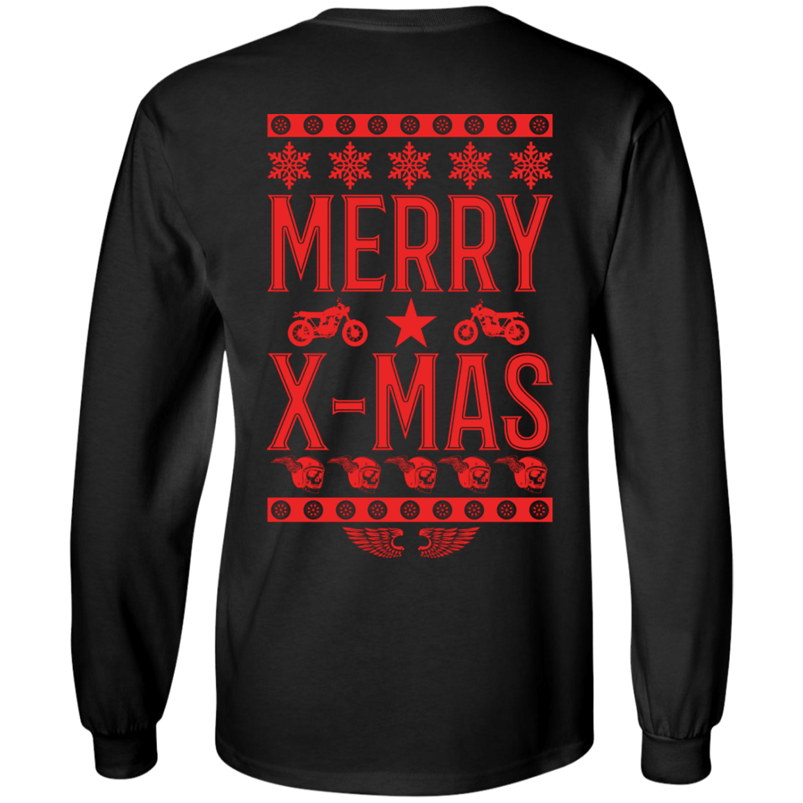 Introducing the Merry X-Mas Long Sleeves: a black, long-sleeve shirt adorned with red Christmas-themed text and graphics, featuring "Merry X-Mas" along with images of snowflakes, motorcycles, helmets, and wings. Made from 100% cotton with a digital print design, this unisex piece is ideal for holiday festivities.