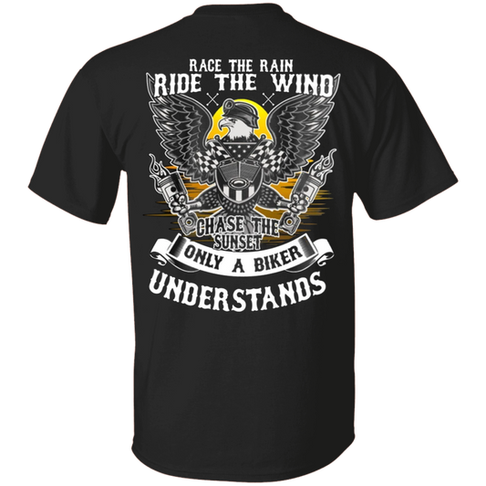 Race the Rain Black T-shirt with a motorcycle-themed design and text that reads: "Race the Rain, Ride the Wind, Chase the Sunset. Only a Biker Understands." This heavyweight classic unisex tee is crafted from 100% cotton and features a sharp digital print.