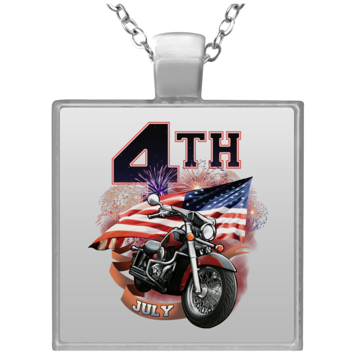 Silver Plated 4th of July Square Pendant Necklace