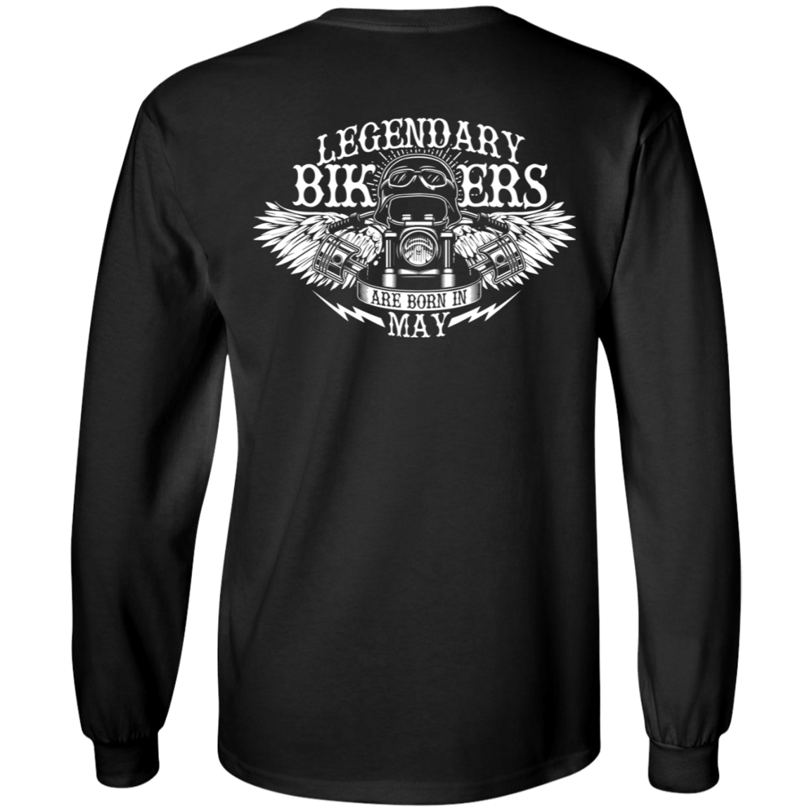 Product: Legendary Bikers Are Born in May Long Sleeves
Back of a black long-sleeve shirt with a digital print of a biker helmet and wings graphic, reading "Legendary Bikers are Born in May." Crafted from 100% cotton, this unisex sizing tee offers both comfort and style for all.
