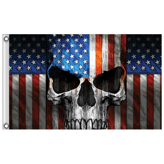 A Hot Leathers Patriot Skull Flag with an American flag motif, set against the background of the Hot Leathers flag. The skull's design incorporates the flag's stars and stripes, perfect for any motorcycle enthusiast with a taste for high-quality materials.