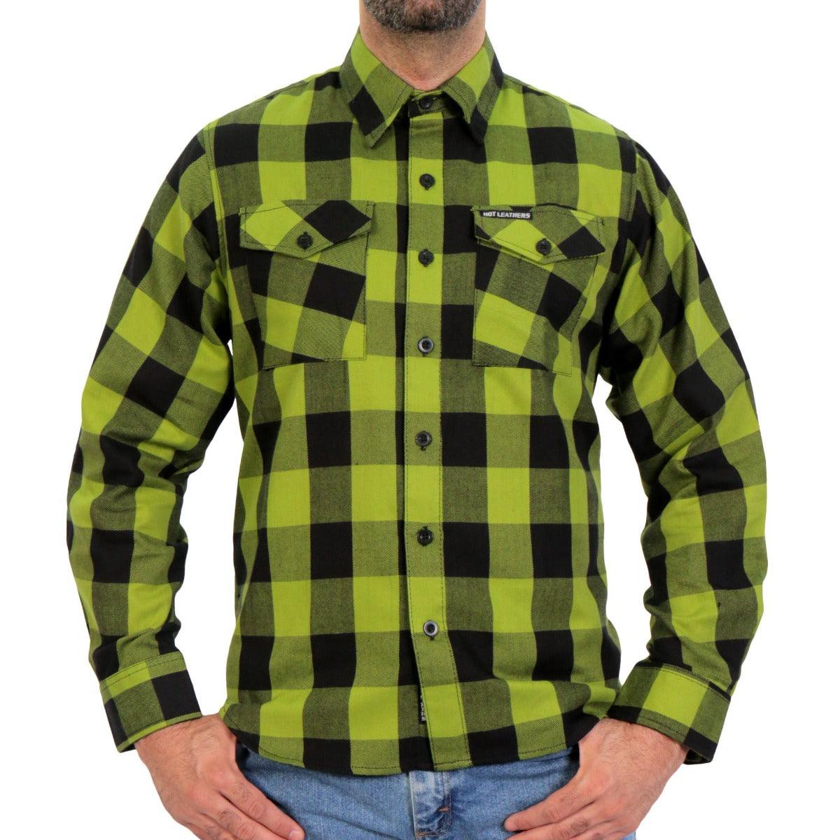 Hot Leathers Men's Black And Light Green Long Sleeve Flannel - American Legend Rider