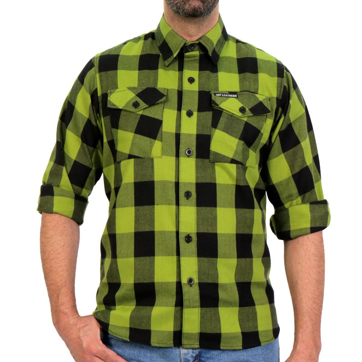 Hot Leathers Men's Black And Light Green Long Sleeve Flannel - American Legend Rider