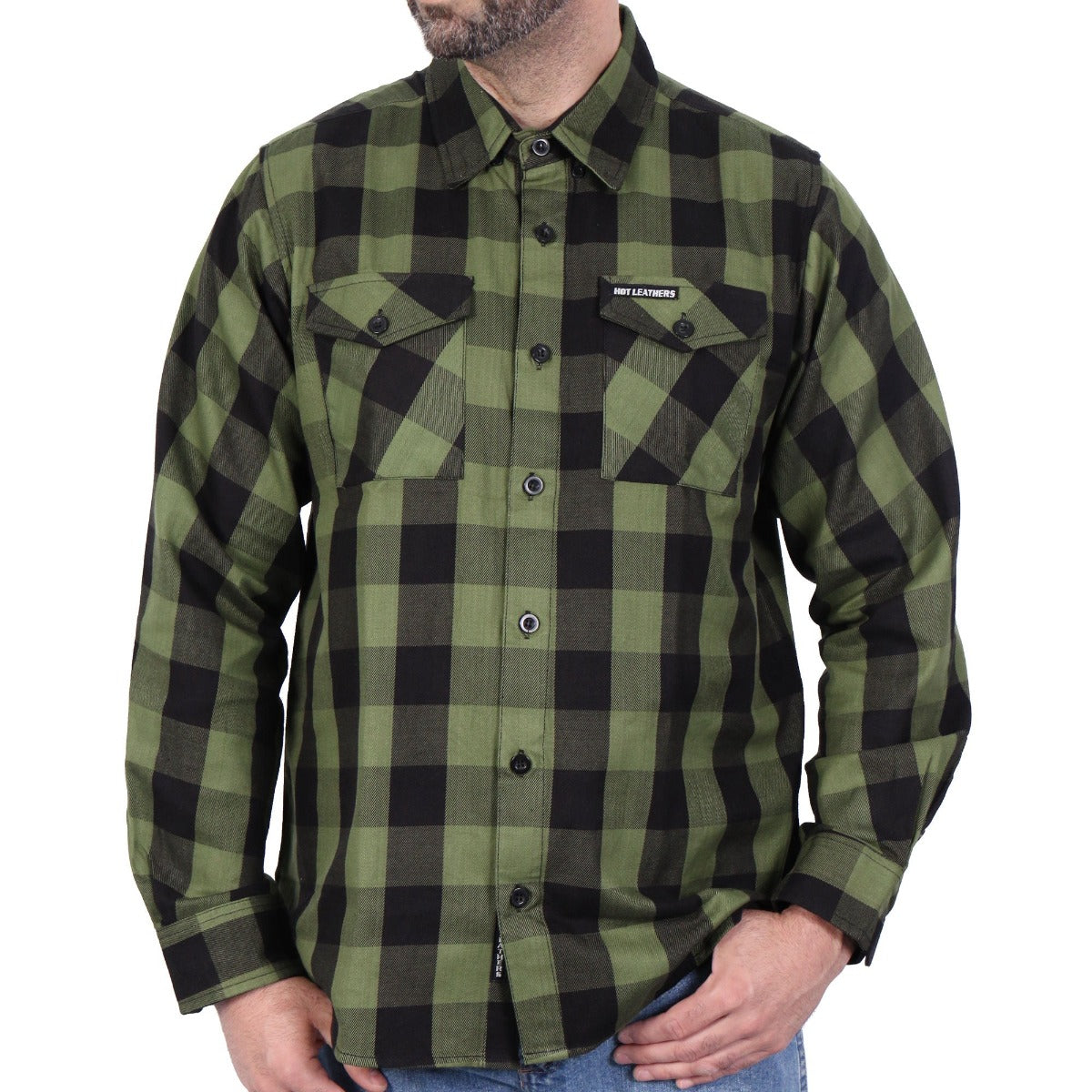 Hot Leathers Men's Long Sleeve OD Green and Black Flannel