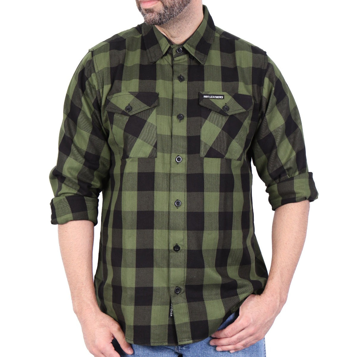 Hot Leathers Men's Long Sleeve OD Green and Black Flannel