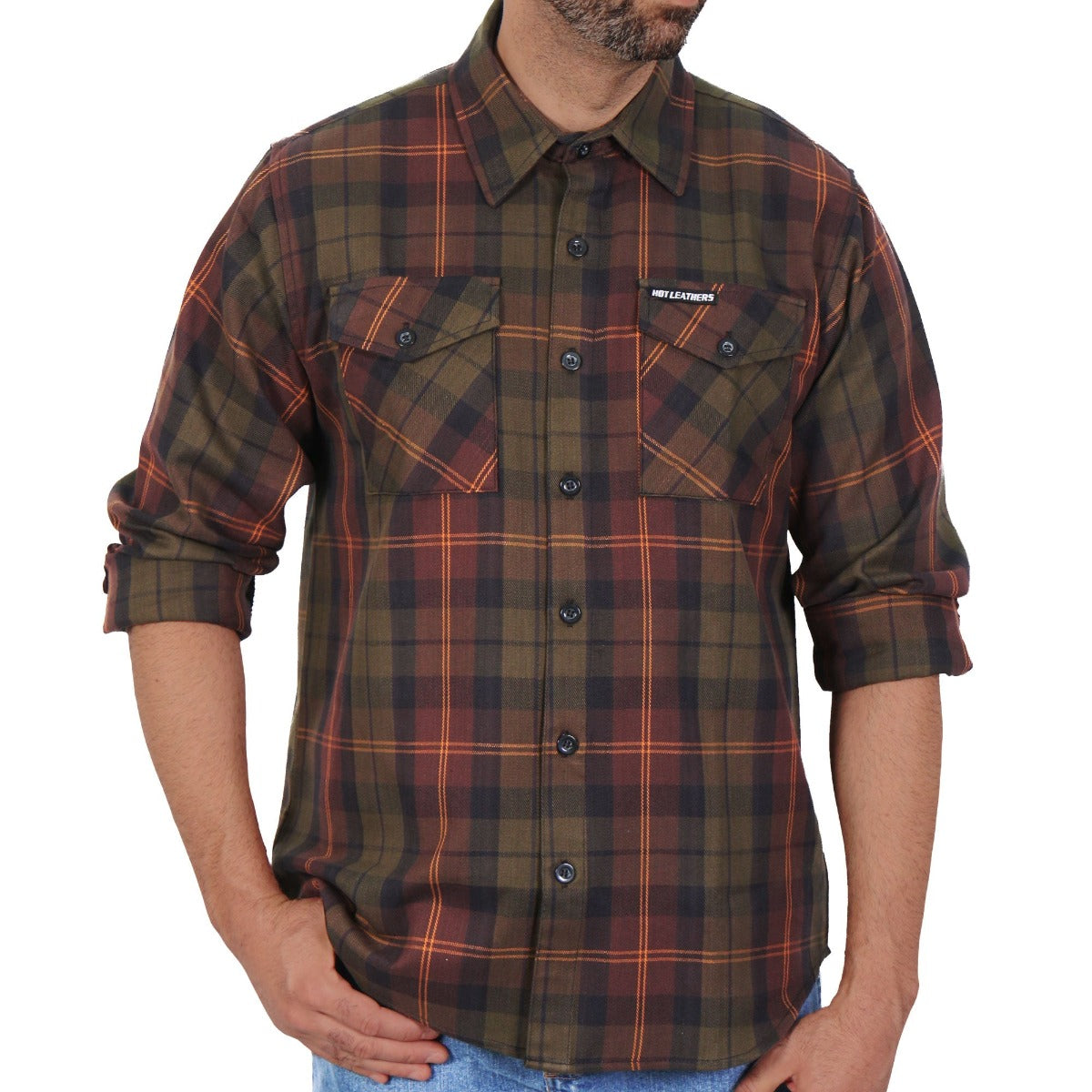 Hot Leathers Men's Green Orange and Brown Flannel Shirt