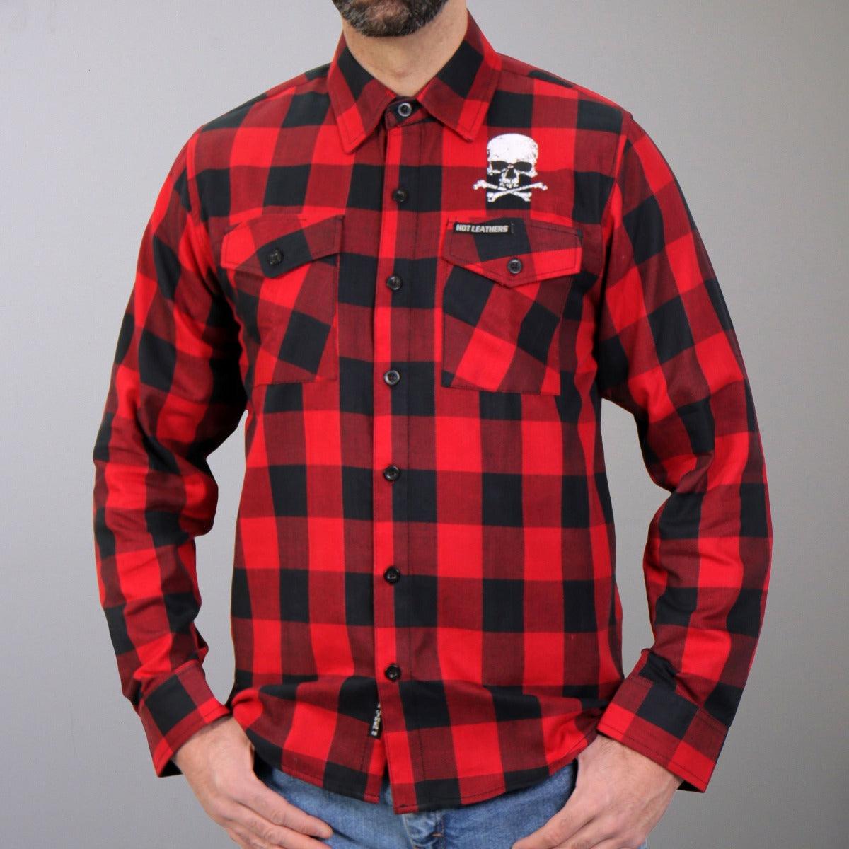 Hot Leathers Men's Black And Red Flannel Long Sleeve Skull Bones - American Legend Rider