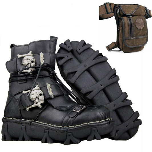 Handmade Skull Leather Boots + Free Leg Bag - American Legend Rider