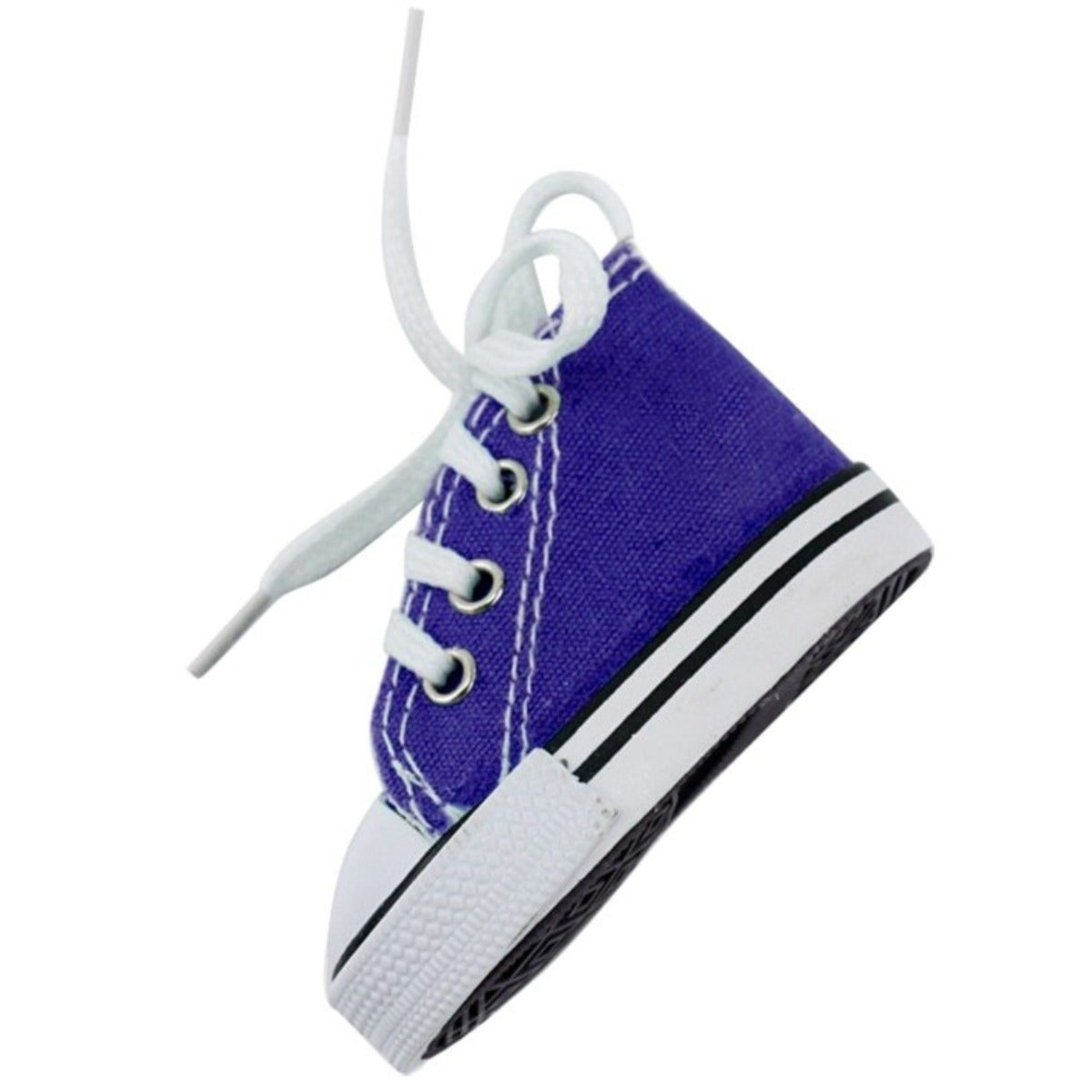 A small purple canvas "Motorcycle Foot Support Shoes" keychain with white laces and a black-striped sole is shown against a white background, making it an ideal keepsake for cycling enthusiasts.