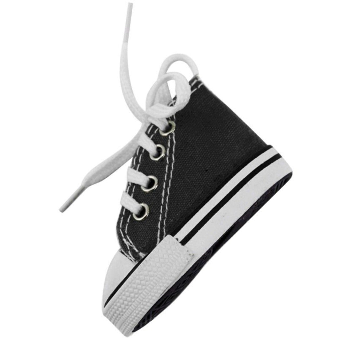 Motorcycle Foot Support Shoes: A small black sneaker featuring white laces and a white sole, angled to the right on a white background—ideal for motorcycle enthusiasts seeking stylish footwear.