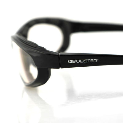 Bobster Fat Boy II Sunglasses, Polycarbonate, Medium, Gloss Black Frame/Anti-fog Lenses - Smoke Cyan Mirror/Clear Photochromic with Pouch - American Legend Rider