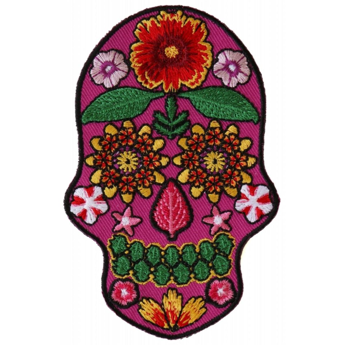 Daniel Smart Flower Skull Embroidered Iron on Patch, Pink, 2.6 x 4 inches - American Legend Rider